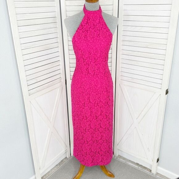 Zara Dresses & Skirts - Zara Floral Lace Halter‎ Midi Sheath Dress Pink Medium Open Back